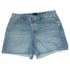 ASOS DESIGN Cross-Front Denim Dad Shorts – Size 14 (Mid Wash)